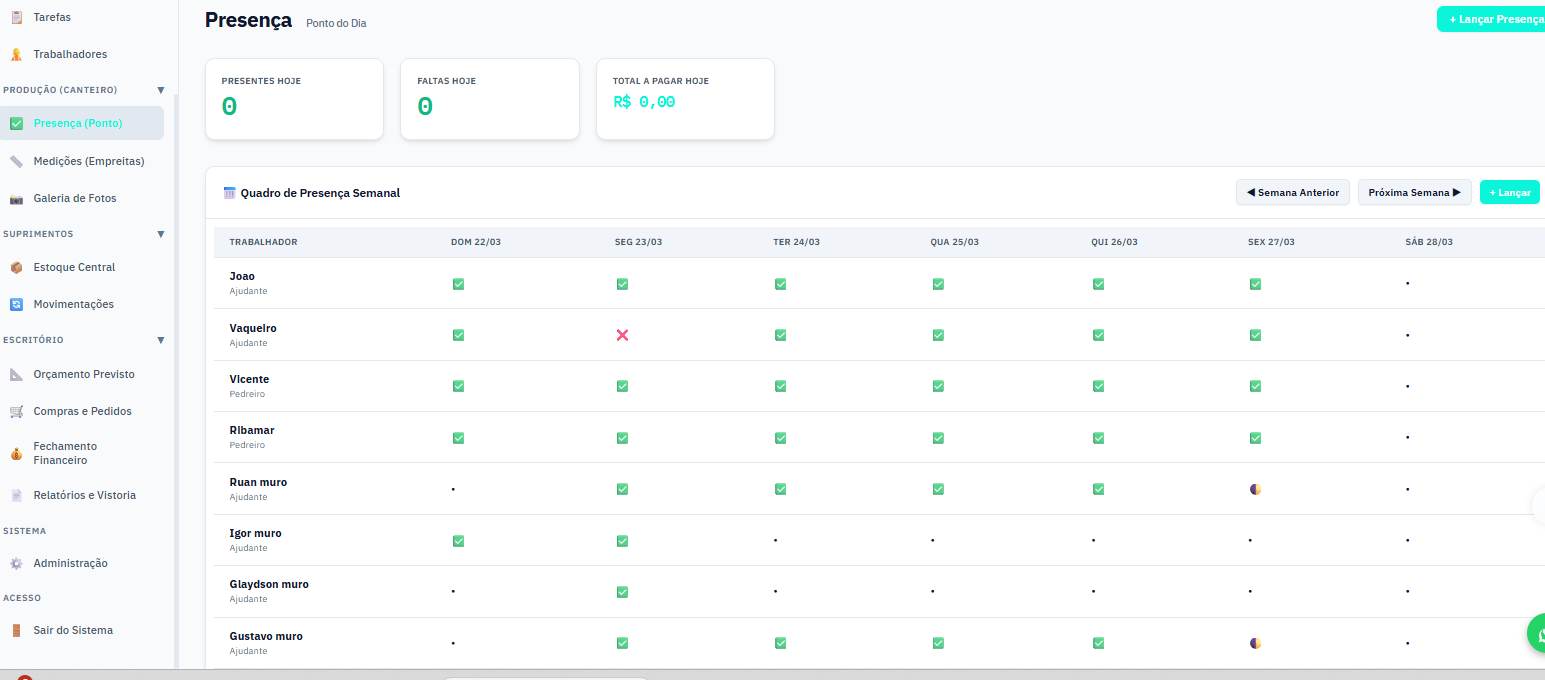 Tela de Presença Diária
